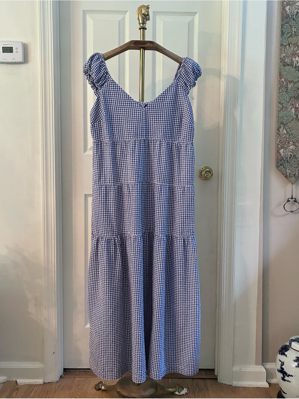 Old Navy Blue White Gingham Tiered Maxi Dress